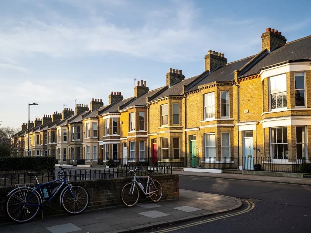 A row of yellow brick Victorian terraced houses on a Cambridge street