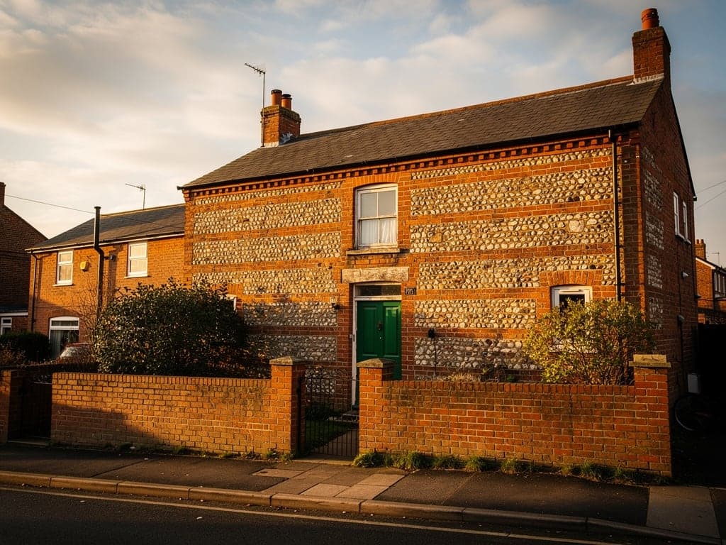 A flint and red brick house with a green front door on a quiet Norfolk street in low evening light