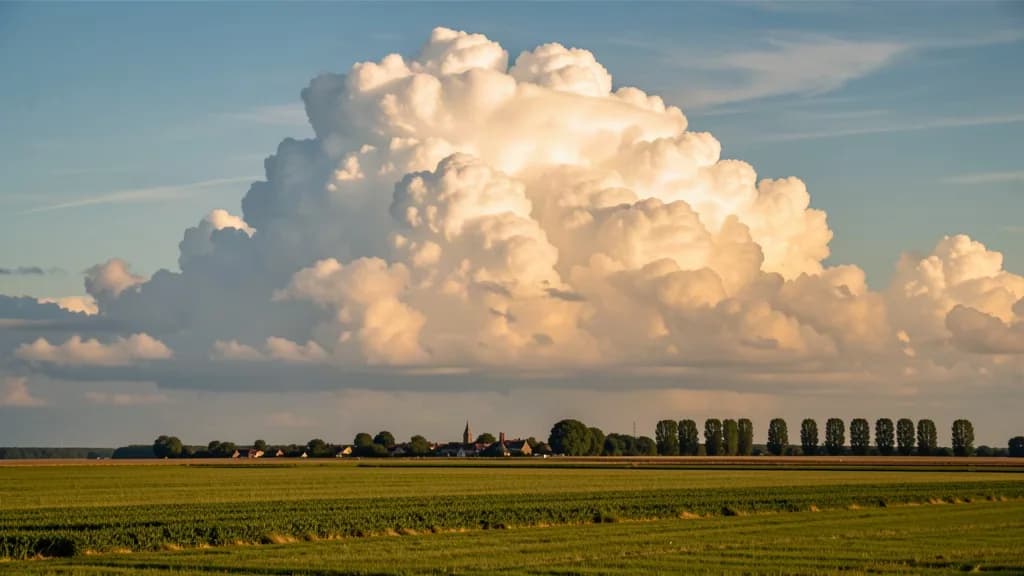 Flat East Anglian farmland under a huge sky with a village on the horizon