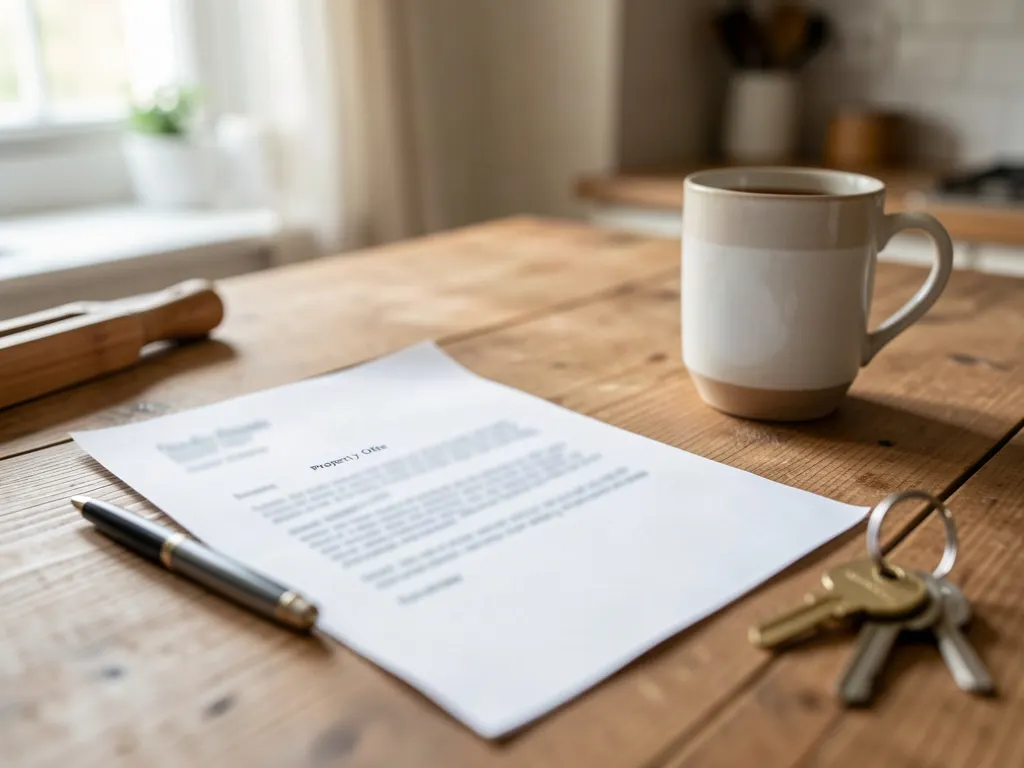 A written offer letter on a kitchen table with a mug of tea, a pen and house keys