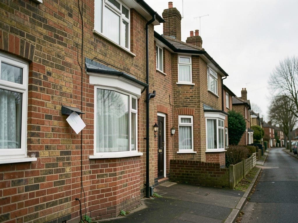 A brick terraced house with the curtains drawn and a letter in the letterbox