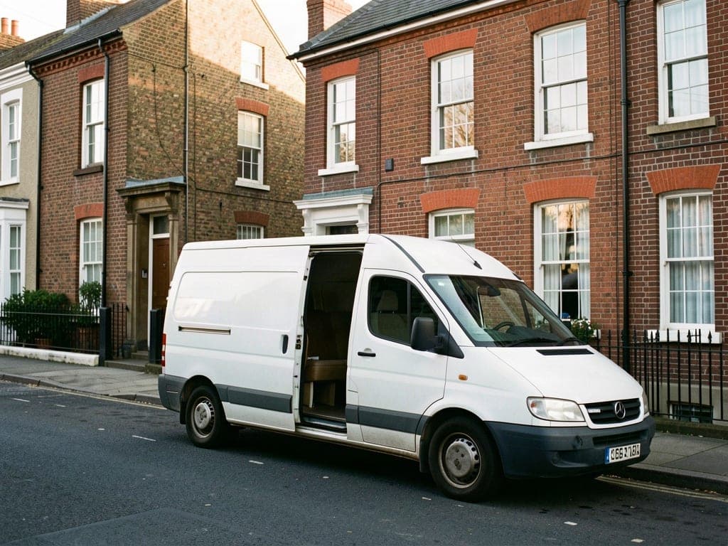 A removal van outside a red brick terraced house with the front door open