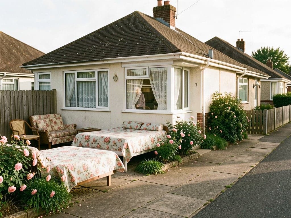 A tidy but dated bungalow with net curtains and a rose bed