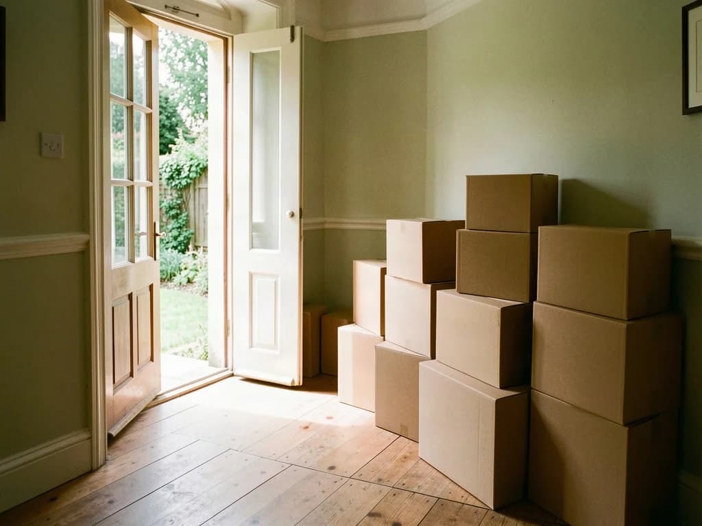 Cardboard moving boxes stacked in a hallway beside an open front door