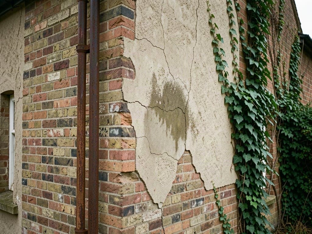 Cracked render and a damp patch on an old brick wall