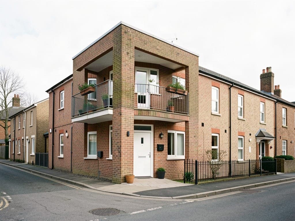 A small modern block of flats with balconies on a residential street