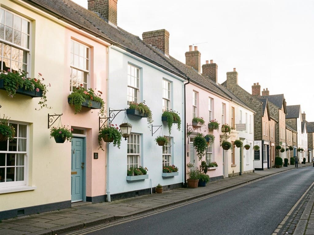 Pastel painted Georgian townhouses with hanging baskets in Bury St Edmunds