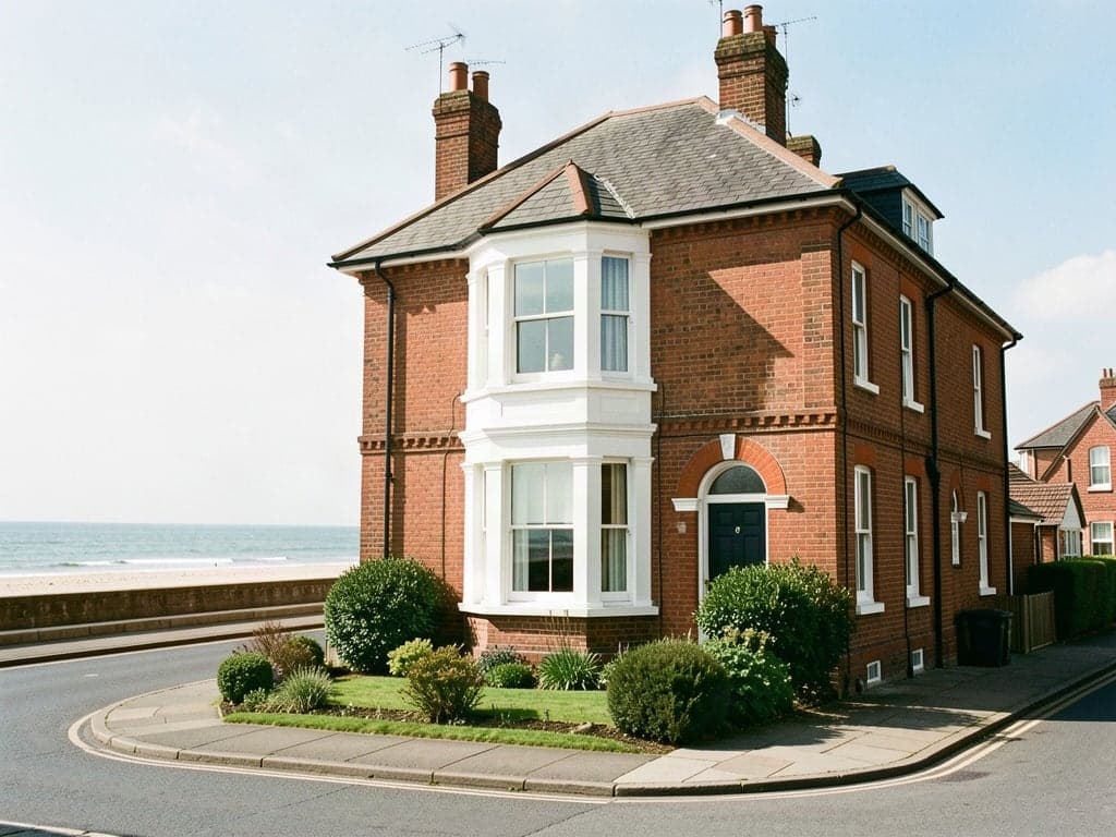 An Edwardian red brick villa with a white bay window on a Felixstowe seafront avenue